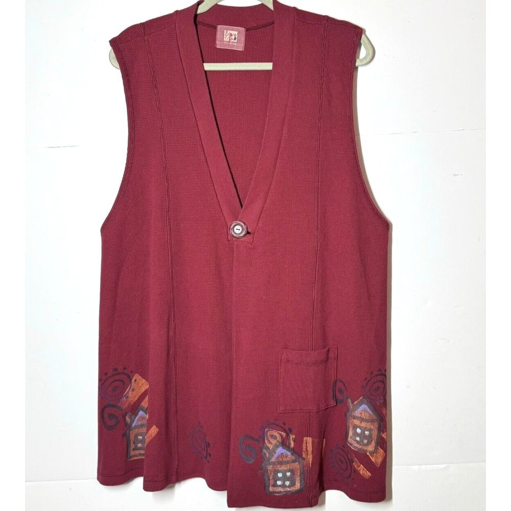 Blue Fish Clothing Vest Sz 1 L‎ 1X Lagenlook Art Waffle Tunic Cabin Painted READ
